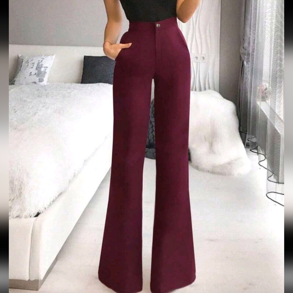 High-Waist Wide Leg Trousers in Deep Wine, Size M